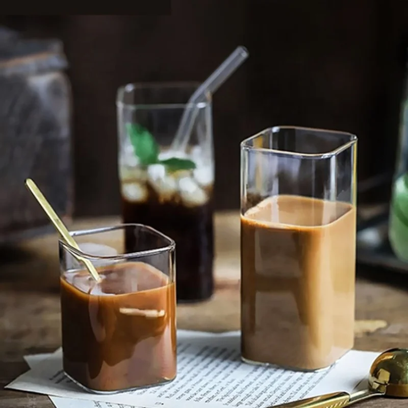Coffee Tea Mugs - Square Simple Glass Cup Clear Cold